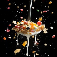a gravity-defying breakfast explosion of colorful cereal and milk splashes against a stark black bac