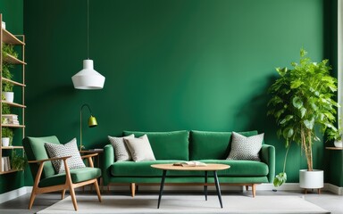 Green sofa and chair against green wall with book shelf. Scandinavian home interior design of modern living room with greenery