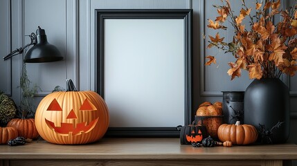 Wall Mural - Black frame mockup and spooky Halloween decor on a desk in a Scandinavian kitchen.