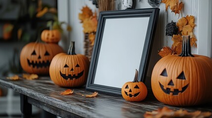 Wall Mural - Black frame mockup and spooky Halloween decor on a desk in a Scandinavian kitchen.