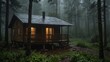 © M.Taufiq - photo of a warm looking wooden hut in the middle of a dense forest made by AI generative
