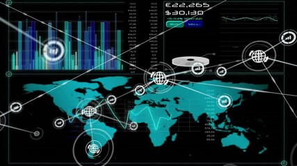 Sticker - Global financial data and network connections animation over world map and charts