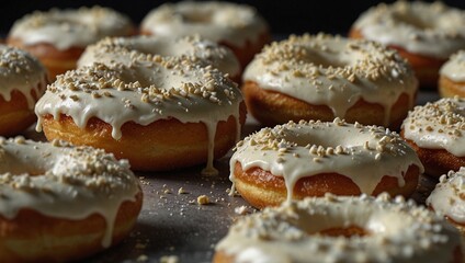 photo of donuts with vanilla sauce and peanut topping that looks delicious made by AI generative