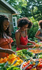 Three happy friends enjoying a summer cookout in the backyard. AI.