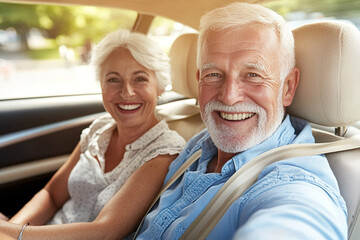 Cheerful middle-aged couple capturing a selfie inside their car, both wearing seatbelts and smiling, with the car’s interior prominently featured.