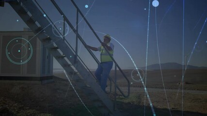Poster - Climbing stairs at construction site, engineer with network connections animation