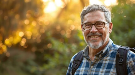 Poster - Portrait of a smiling mature man with a backpack in the woods. AI.