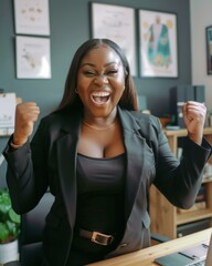 Wall Mural - Excited businesswoman celebrating her success. AI.