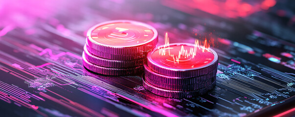 Poster - coins on a digital background, finance and cryptocurrency innovation in a modern economy.