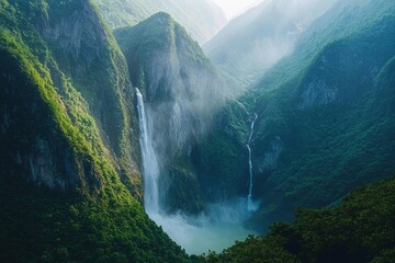 Wall Mural - A distant waterfall cascading down a mountainside