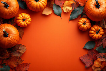 Wall Mural - Happy Halloween flat lay mockup with pumpkins on orange background, perfect for autumn holiday concept compositions and celebrations.