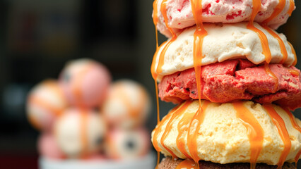 Canvas Print - Close Up of Stacked Ice Cream Scoops with Caramel Drizzle