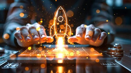 Igniting Innovation:  A glowing rocket ship launches from a digital tablet, symbolizing the transformative power of technology and entrepreneurship in the digital age. 