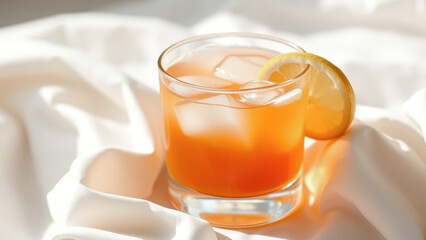 Poster - Glass of orange juice with ice and lemon slice on white fabric