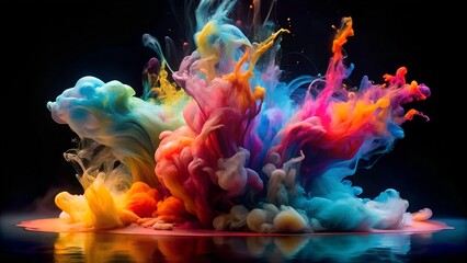 A dynamic explosion of colorful ink mixing in water, creating vibrant, swirling clouds of colors. The dramatic contrast against the dark background highlights the fluid movement and bold hues.