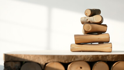 Canvas Print - Stacked Wood Logs on a Wooden Tabletop