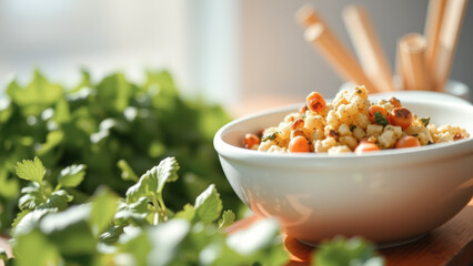 Poster - Closeup of a bowl of cooked pasta with tomatoes and herbs