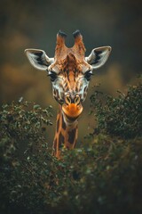 Wall Mural - A giraffe feeding in the African savannah, with the background compressed and softened.