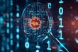 © grey - A magnifying glass focus on a virus icon hovering above a digital grid of binary code, casting a soft light that illuminates the digits.