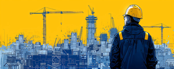 Wall Mural - A man in a hard hat stands in front of a city skyline. The image is a representation of the construction industry and the hard work that goes into building cities