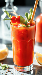 Refreshing Bloody Mary Cocktail with a Garnish of Tomatoes, Celery and Basil