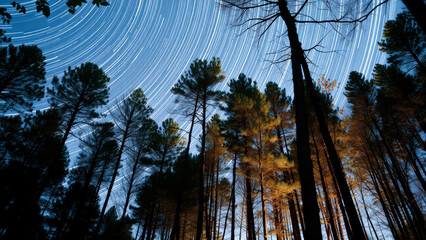 Wall Mural - star trails in the forest