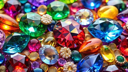 Wall Mural - Assorted colorful gemstones shining brightly, including gems, diamonds, sapphires, rubies, emeralds, and crystals, creating a vibrant display of jewels