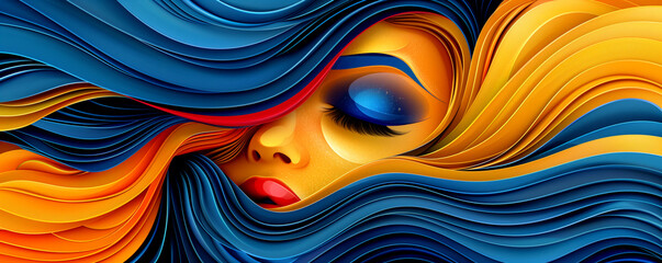 Wall Mural - A woman's face is shown in a painting with blue eyes and red lips. The painting is a colorful abstract piece with a lot of detail