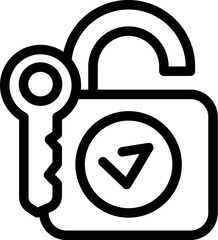 Sticker - Line drawing of an open padlock with a key and check mark, conveying a sense of security and permission