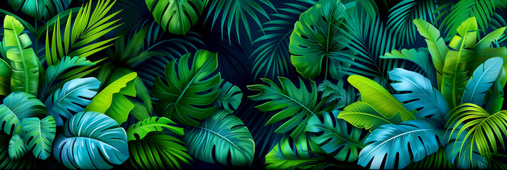 Wall Mural - A lush green jungle with many leaves and vines. The image is full of life and energy, with the vibrant green color of the leaves and vines creating a sense of vitality and growth