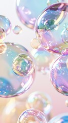 Poster - A collection of iridescent soap bubbles dances against a soft light background, reflecting vivid colors and creating a joyful, enchanting ambiance