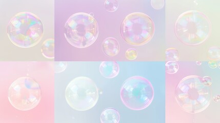 Poster - Colorful soap bubbles drift across a soft pastel background, creating a whimsical and enchanting atmosphere with their shiny, reflective surfaces