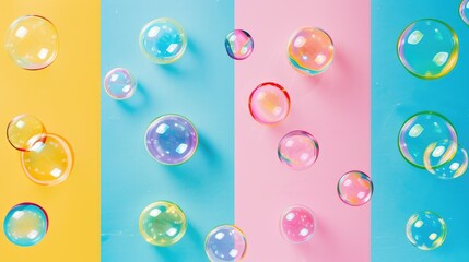 Poster - Colorful soap bubbles rise and float against a bright, pastel-colored background, creating a playful and cheerful visual effect