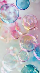 Poster - Colorful soap bubbles gently drift across a soft, light background, showcasing a harmonious blend of hues and textures that evoke a sense of joy and playfulness