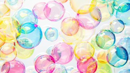 Poster - Colorful soap bubbles of various sizes drift gracefully against a light background, creating a whimsical display that showcases their delicate beauty and charm