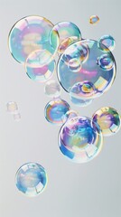 Poster - A vibrant array of soap bubbles dances across a soft light background, showcasing their colorful reflections and delicate, translucent forms