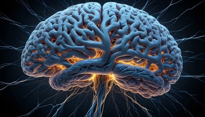 A image of a 3d rendered illustration of a electronic metal human brain with neon growing lightning