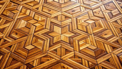 Intricate wooden floor pattern with visible wood grains and repeating designs showcased in close up detail