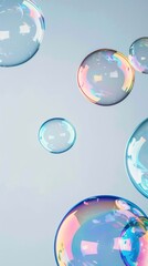 Poster - A collection of colorful soap bubbles gently drift and showcase their shimmering reflections on a soft light backdrop, creating a lively and cheerful atmosphere