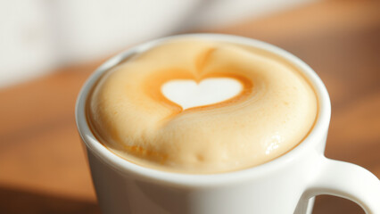 Wall Mural - Close-up of a cup of coffee with heart-shaped latte art