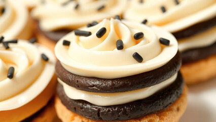 Close Up of a Chocolate and Vanilla Cream Filled Cookie with Sprinkles