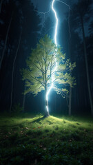 Canvas Print - Lightning Strikes a Tree in a Dark Forest