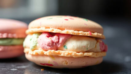 Canvas Print - Close-up of a Delicious Macaron with Pink and Green Filling