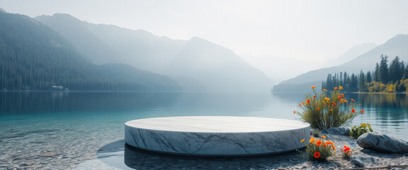 Poster - Minimalist Marble Podium in a Mountain Lake Scene