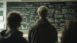 © Curioso.Photography - Student standing in front of a blackboard filled with complex equations, in a classroom, symbolizing education and intellectual engagement.