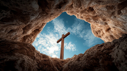 A cross is in the middle of a cave with a blue sky above it