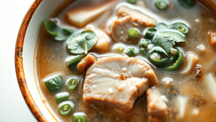 Poster - Close-up of a bowl of soup with fish, vegetables, and broth