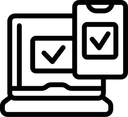 Poster - line art vector icon of a laptop and a smartphone, both showing validation check marks, representing