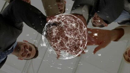 Poster - Animation of data points and connections over diverse business team joining hands