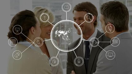 Poster - Conversing, diverse professionals with business icons and network connections animation